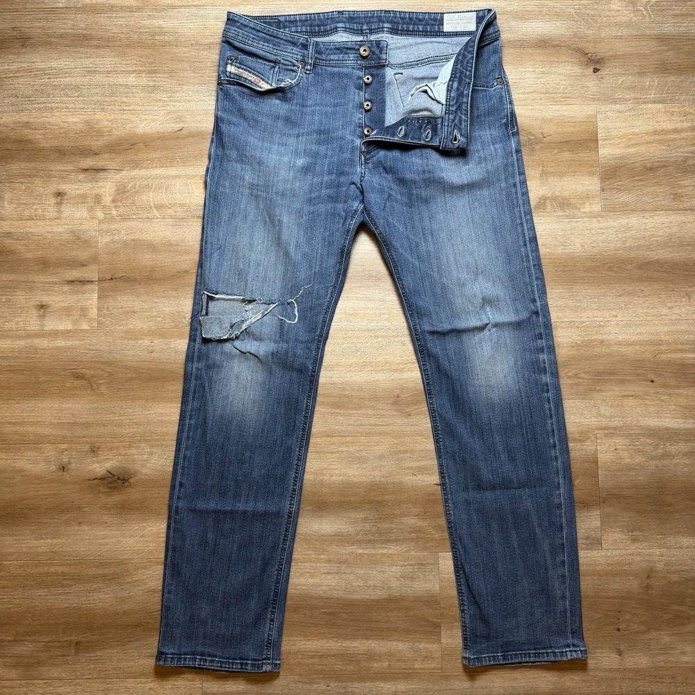 Diesel Waykee Jeans Men 34x32 Blue Straight Leg Stretch Medium Wash Ripped 0814W